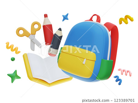 School bag and various school supplies 3D graphics 123389701