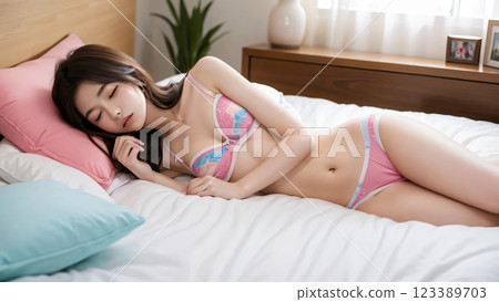 穿著內衣睡覺的女性AI圖像AI照片AI凹印 123389703