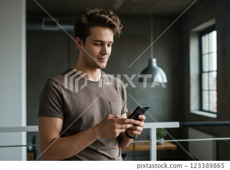 Millennial man using smartphone in modern interior setting 123389865