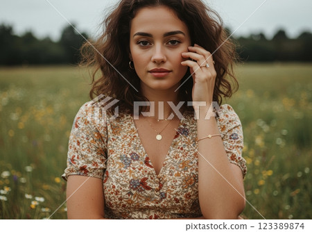 Portrait of a young woman in floral dress in meadow setting 123389874