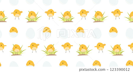 Cute colorful seamless pattern with bright yellow chicken in grass, in eggs and flying. Playful children print with farm small birds for Easter package, gift wrapping paper, kids textile design Cute colorful seamless pattern with bright yellow chicken in grass, in eggs and flying. Playful children print with farm small birds for Easter package, gift wrapping paper, kids textile design 123390012