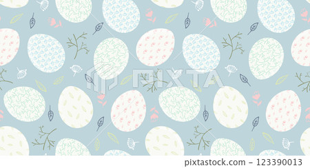 Tender pale blue Happy Easter seamless pattern with white decorated eggs, small branches and flowers. Cute spring ornate eggs print for Easters package, gift wrapping paper, kitchen textile design 123390013