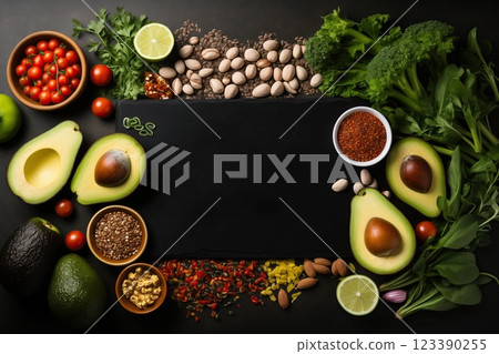 Cooking vegetable ingredients on wooden table and place for recipe text 123390255