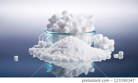 White granulated sugar and refined sugar cubes close-up White granulated sugar and refined sugar cubes close-up 123390347