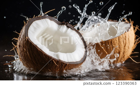 Fresh cold pure coconut with splashes and water drops on dark background 123390363