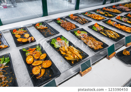 assorted of food and meat in the Asian buffet in hotel restaurant for breakfast in Asia in Vietnam 123390450