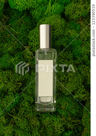 Forest fragrance perfume in glass bottle on green moss background. Eco natural concept 123390519