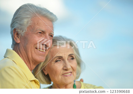 Loving mature couple in the park in summer 123390688