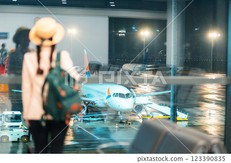 Defocused back view of elegant woman in a hat and jacket, with backpack in airport. Airplane in background. Copy space. Concept of boarding at terminal before flight Defocused back view of elegant woman in a hat and jacket, with backpack in airport. Airplane in background. Copy space. Concept of boarding at terminal before flight 123390835
