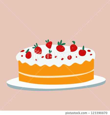 Delicious strawberry cake with whipped cream icing, perfect for celebrations, birthdays, and special occasions. A beautifully decorated dessert illustration for bakery and food themes 123390870