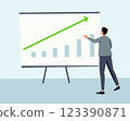 Businessman presenting a data analysis chart with rising graph. A professional corporate illustration for finance, business growth, marketing strategy, and economic progress 123390871