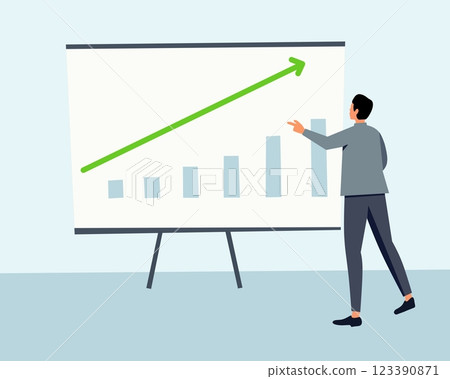 Businessman presenting a data analysis chart with rising graph. A professional corporate illustration for finance, business growth, marketing strategy, and economic progress 123390871