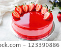 Red mirror glaze cake with fresh strawberries 123390886