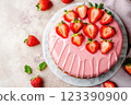 Strawberry cake with pink glaze and fresh fruit 123390900
