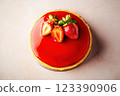Red mirror glaze cake with fresh strawberries 123390906