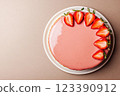 Strawberry mousse cake with glossy pink glaze 123390912