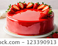 Strawberry cake with glossy red mirror glaze 123390913