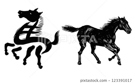 2026 Year of the Horse, New Year's card parts with calligraphy and horse illustration 123391017
