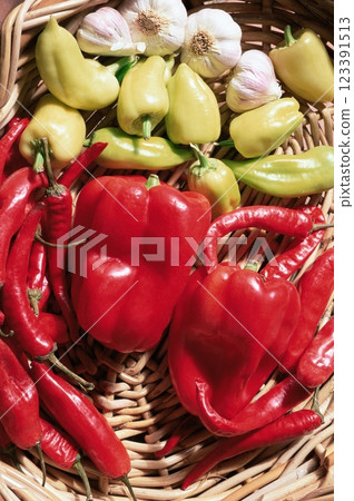 Colorful Variety of Peppers and Garlic Background Colorful Variety of Peppers and Garlic Background 123391513