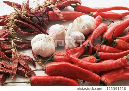 Chilli Peppers and Garlic Background Chilli Peppers and Garlic Background 123391518