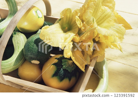Courgettes in a Basket, Close View Background, Food Photography 123391592
