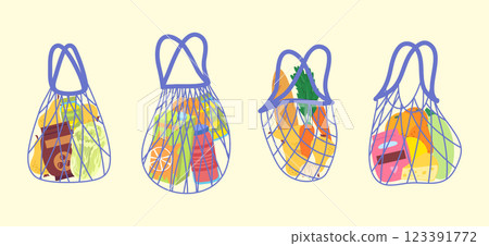 Cartoon Different Color Shopping String Bags with Products Set Grocery Concept Flat Design Style Include of Bakery, Juice, Cheese and Fruit. Vector illustration 123391772