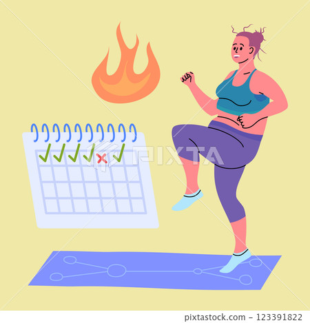 Cartoon Color Character Girl and Cardio Workout Fitness and Training Concept Flat Design Style. Vector illustration Cartoon Color Character Girl and Cardio Workout Fitness and Training Concept Flat Design Style. Vector illustration 123391822