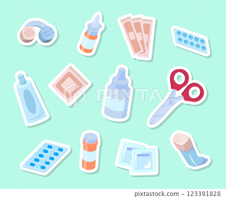 Cartoon Color First Aid Box Elements Stickers Set Concept Flat Design Style. Vector illustration of Aid Band Plaster Medical Patch,Nasal Spray, Scissors and Pill 123391828
