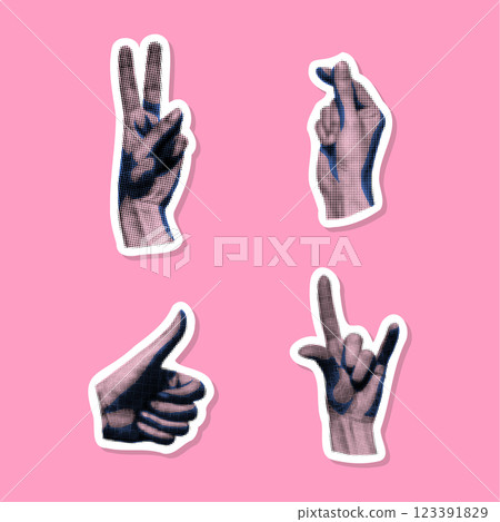 Realistic Halftone Dotted Human Hands Different Gestures Stickers Set Victory, Love and Thumb Up Collage Element . Vector illustration Realistic Halftone Dotted Human Hands Different Gestures Stickers Set Victory, Love and Thumb Up Collage Element . Vector illustration 123391829