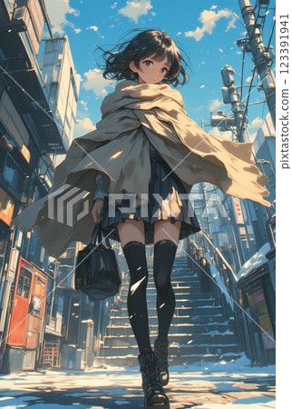 An image of an anime illustration of a female student walking to school on a windy, sunny afternoon during the cold winter season. An image of an anime illustration of a female student walking to school on a windy, sunny afternoon during the cold winter season. 123391941