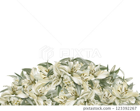 White lilies in semicircular template in watercolor floral frame isolated on transparent background.Hand drawn clipart sage leaf colors.For wedding invitations,baptism,birthday,funeral 123392267