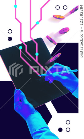 Futuristic artwork. Hands using digital tablet with blockchain-inspired connections, symbolizing technological finance integration. Futuristic artwork. Hands using digital tablet with blockchain-inspired connections, symbolizing technological finance integration. 123392294
