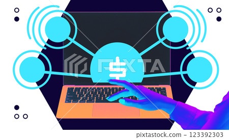 Conceptual art design. Hand interacting with digital financial network on laptop screen, symbolizing global economy and decentralized transactions. 123392303