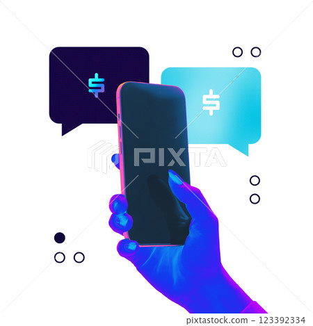 Conceptual art design. Neon-glowing hand holding smartphone with financial chat bubbles symbolizing digital transactions and fintech evolution. Conceptual art design. Neon-glowing hand holding smartphone with financial chat bubbles symbolizing digital transactions and fintech evolution. 123392334