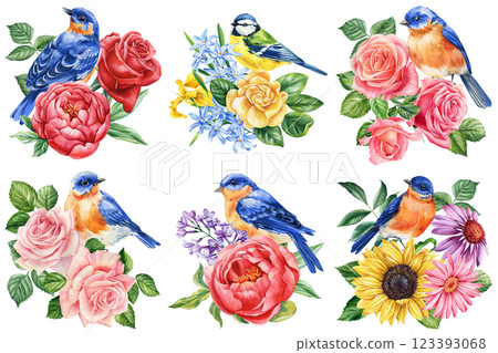 Watercolor birds and flowers botanical illustration, hand-painted songbirds with blooming roses, peonies lilacs on white Watercolor birds and flowers botanical illustration, hand-painted songbirds with blooming roses, peonies lilacs on white 123393068