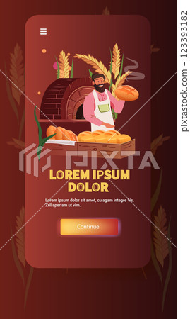 Baker holding bread in front of oven smiling with wheat background warm colors bakery theme mobile app screen 123393182