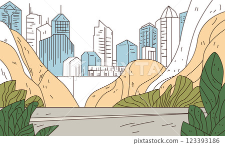 Cityscape with modern buildings and nature integration featuring skyscrapers hills greenery and a road in the foreground urban landscape concept 123393186
