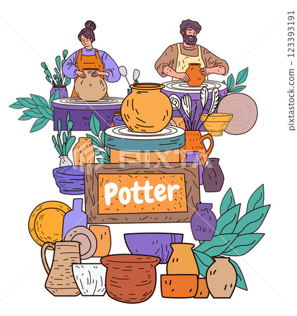 Pottery crafting artisans working on clay pots surrounded by various ceramic vessels and plants colorful artistic design for website or banner Pottery crafting artisans working on clay pots surrounded by various ceramic vessels and plants colorful artistic design for website or banner 123393191