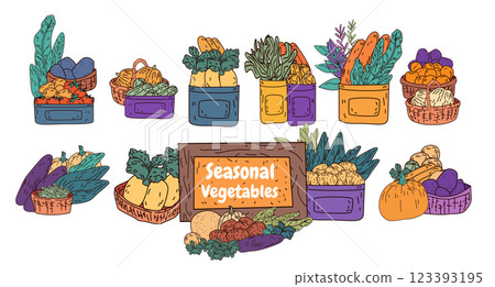 Seasonal vegetables colorful baskets healthy food. Various fresh produce in containers with leafy greens carrots potatoes pumpkins. Ideal for food market design 123393195