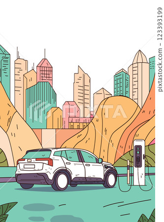 Electric car charging station urban landscape city skyline with modern buildings hills and greenery colorful design concept eco-friendly transportation 123393199