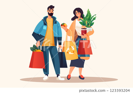 man woman buyers holding shopping bags with fruits and vegetables organic natural food eco local grown products world vegetarian day 123393204