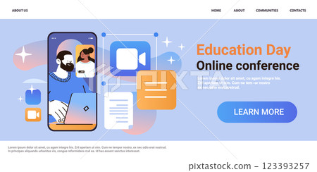 mix race students couple discussing during online video call on smartphone screen virtual conference education day live webinar e-learning 123393257