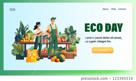 man woman farmers sellers offering fruits and vegetables organic natural food eco local grown products horizontal 123393319