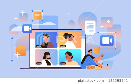mix race students group discussing during online video call on laptop screen virtual conference education day live webinar e-learning 123393341