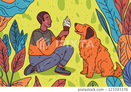 Man offering ice cream to dog playful scene vibrant colors leafy background outdoor setting website design template Man offering ice cream to dog playful scene vibrant colors leafy background outdoor setting website design template 123393376