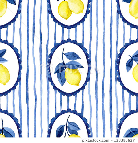 classic watercolor pattern with blue frames, stripes and yellow lemons. Mediterranean print 123393627