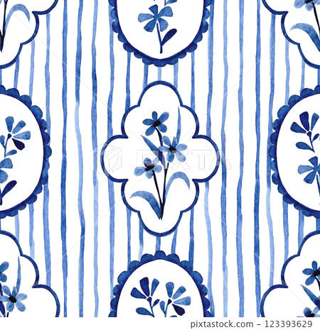classic watercolor pattern with blue frames, stripes and flowers. cute print for wallpaper and textiles 123393629