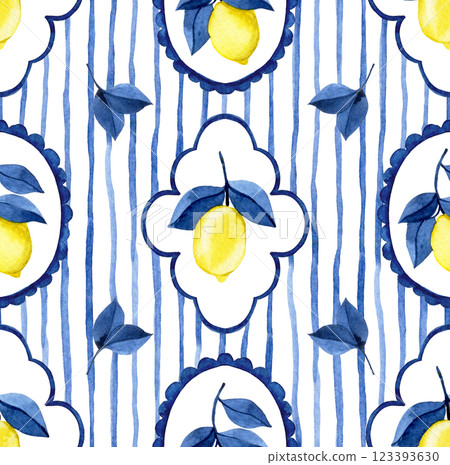 classic watercolor pattern with blue frames, stripes and yellow lemons. Mediterranean print classic watercolor pattern with blue frames, stripes and yellow lemons. Mediterranean print 123393630