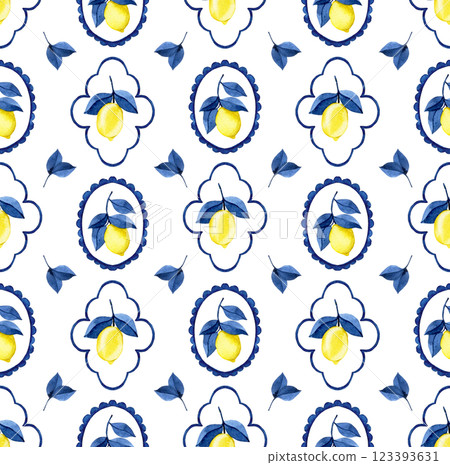 classic watercolor pattern with blue frames, stripes and yellow lemons. Mediterranean print classic watercolor pattern with blue frames, stripes and yellow lemons. Mediterranean print 123393631