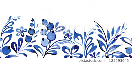seamless border of blue ornaments in Russian style. watercolor brush drawing for porcelain painting 123393645
